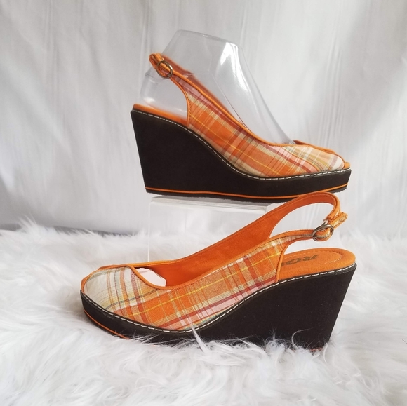 Rocket Dog Shoes - Rocket Dog Plaid Peeptoe Slingback Platform Wedges